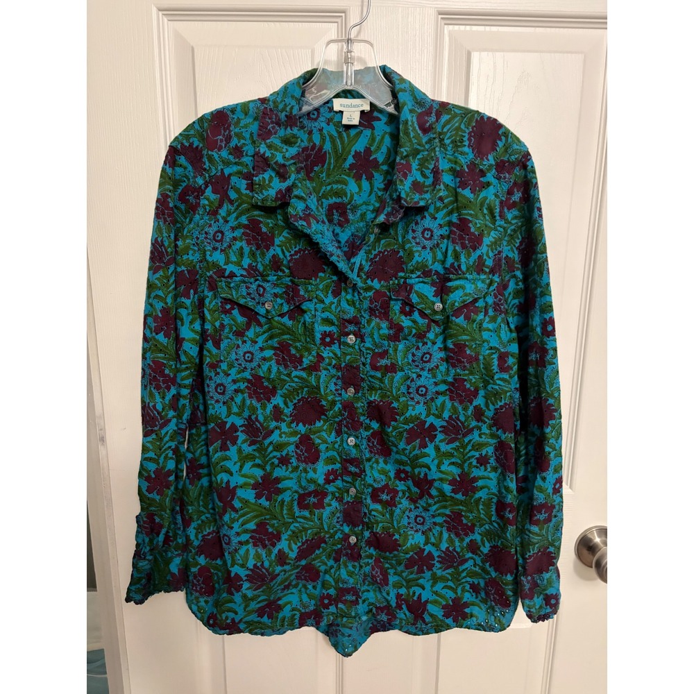 Sundance | Women's Rhea Eyelet Detail Button Down Floral Shirt Blue Green Sz L